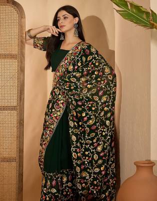 Dark green georgette embroidered saree with belt heavy kashmiri thread work festive saree 2