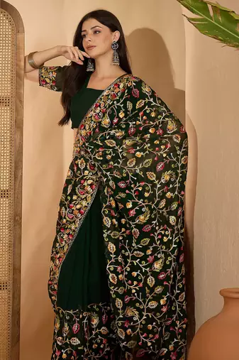 Dark green georgette embroidered saree with belt heavy kashmiri thread work festive saree