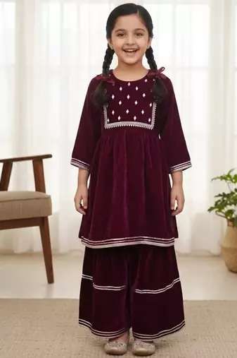 Wine mirror velvet sharara set