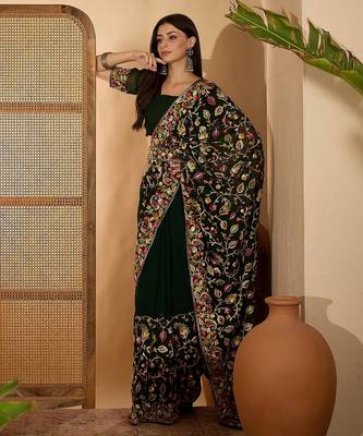 Dark green georgette embroidered saree with belt heavy kashmiri thread work festive saree 3