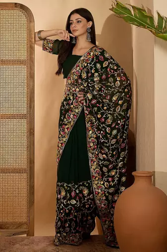 Dark green georgette embroidered saree with belt heavy kashmiri thread work festive saree