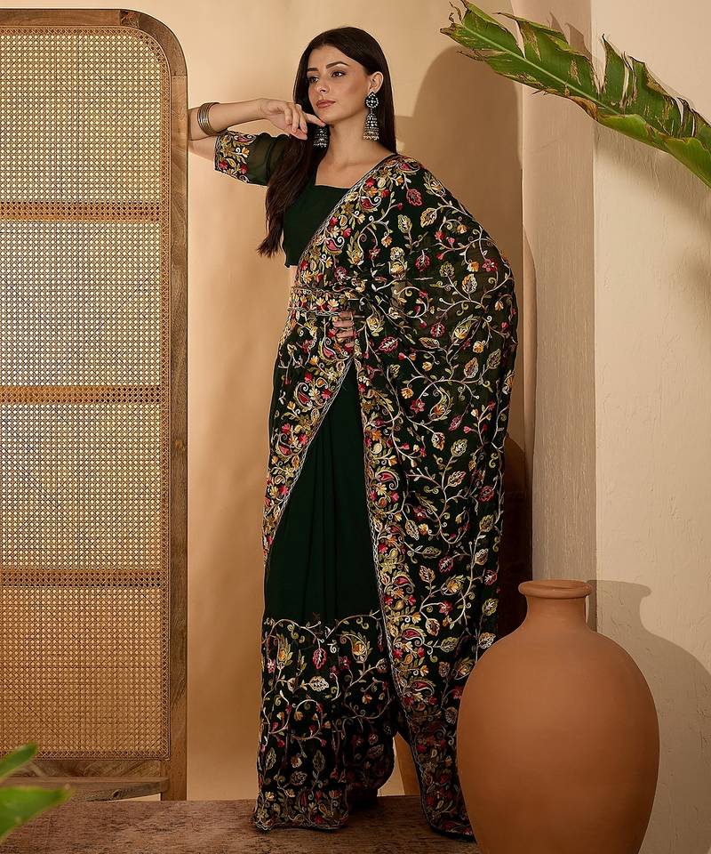 Dark green georgette embroidered saree with belt heavy kashmiri thread work festive saree