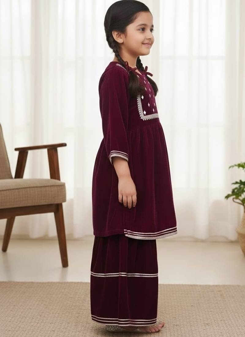 Wine mirror velvet sharara set