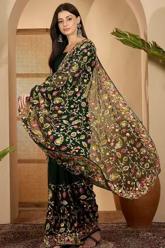 Dark green georgette embroidered saree with belt heavy kashmiri thread work festive saree
