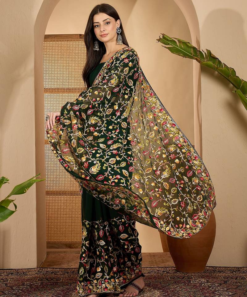 Dark green georgette embroidered saree with belt heavy kashmiri thread work festive saree