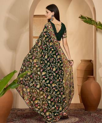 Dark green georgette embroidered saree with belt heavy kashmiri thread work festive saree 5