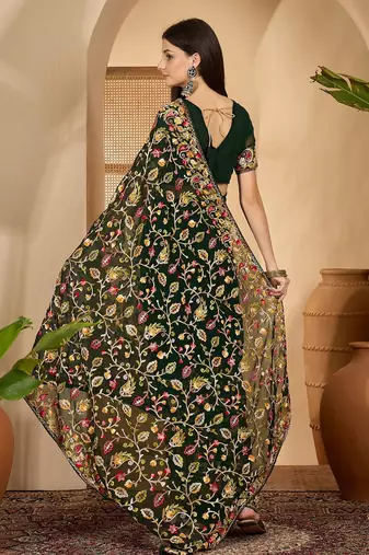 Dark green georgette embroidered saree with belt heavy kashmiri thread work festive saree