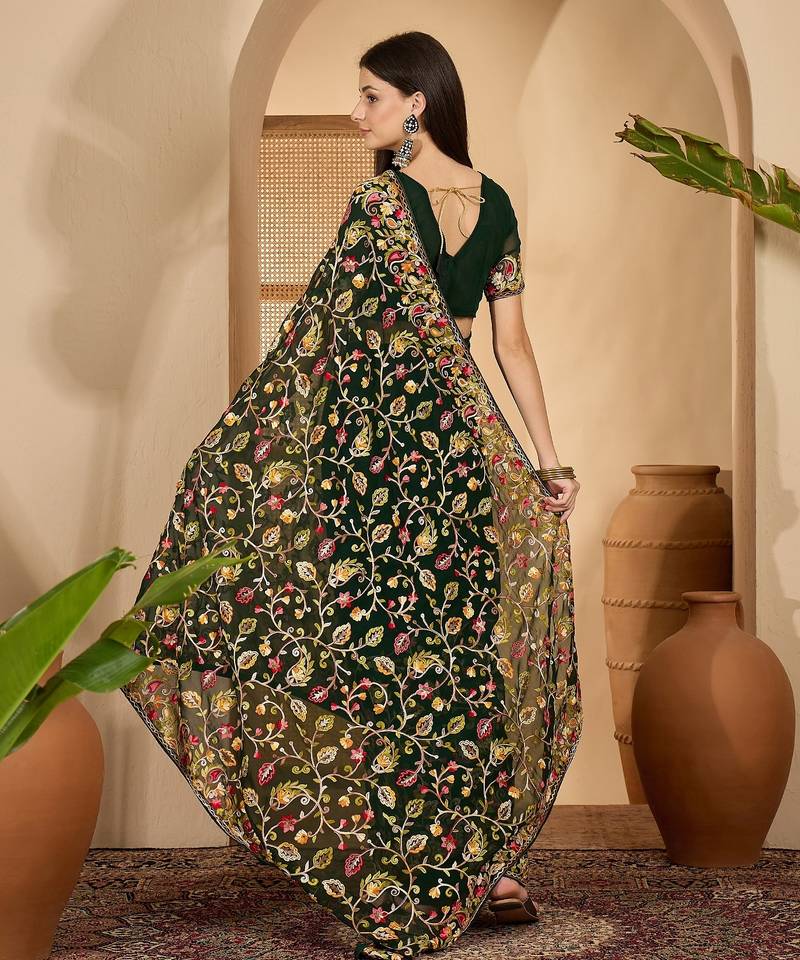 Dark green georgette embroidered saree with belt heavy kashmiri thread work festive saree