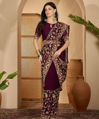 Wine purple georgette embroidered saree with belt heavy kashmiri thread work designer saree 1