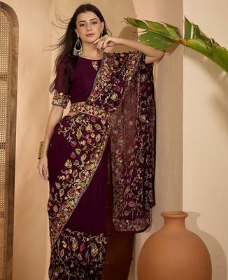 Wine purple georgette embroidered saree with belt heavy kashmiri thread work designer saree 2