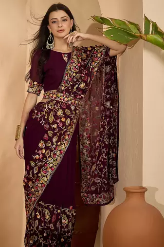 Wine purple georgette embroidered saree with belt heavy kashmiri thread work designer saree