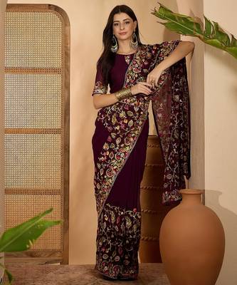 Wine purple georgette embroidered saree with belt heavy kashmiri thread work designer saree 3