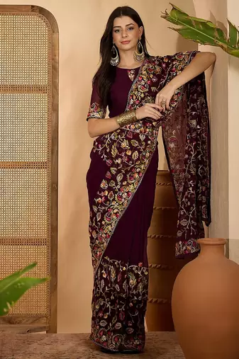 Wine purple georgette embroidered saree with belt heavy kashmiri thread work designer saree