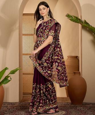 Wine purple georgette embroidered saree with belt heavy kashmiri thread work designer saree 4