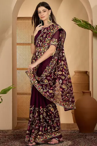 Wine purple georgette embroidered saree with belt heavy kashmiri thread work designer saree