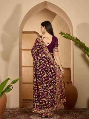 Wine purple georgette embroidered saree with belt heavy kashmiri thread work designer saree 5