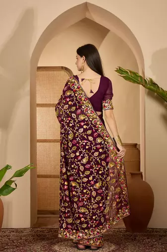 Wine purple georgette embroidered saree with belt heavy kashmiri thread work designer saree