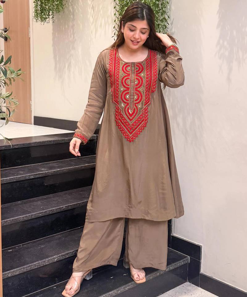 Women's Gorgeous Embroidery Work French Crepe Fabric Straight Kurta Palazzo Set