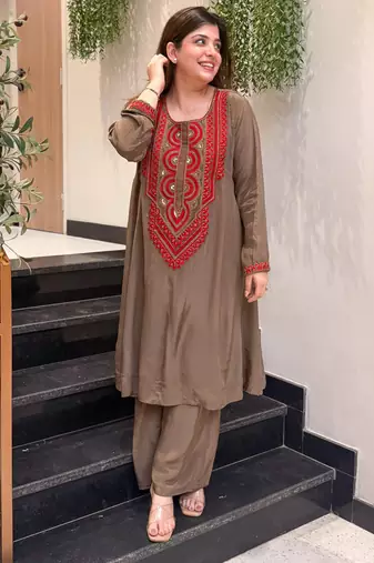 Women's Gorgeous Embroidery Work French Crepe Fabric Straight Kurta Palazzo Set