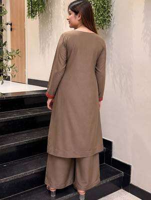 Women's Gorgeous Embroidery Work French Crepe Fabric Straight Kurta Palazzo Set 4