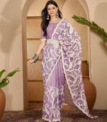 lavender gold crush silk blend embroidered saree with belt white thread work festive designer saree