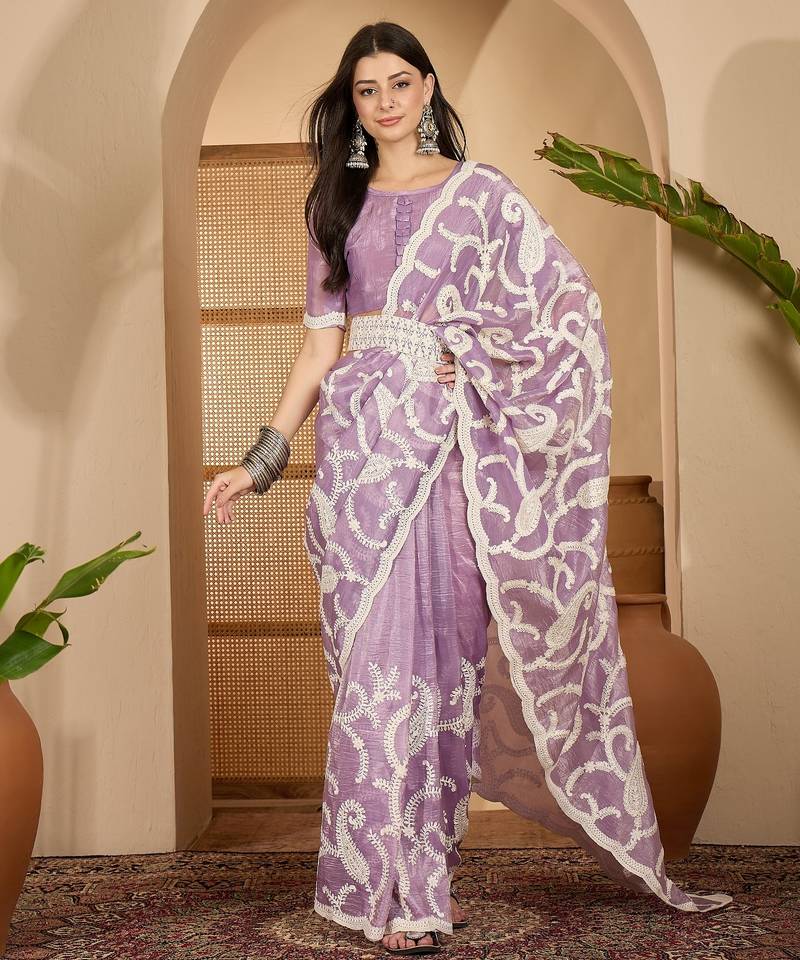 lavender gold crush silk blend embroidered saree with belt white thread work festive designer saree