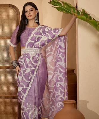 lavender gold crush silk blend embroidered saree with belt white thread work festive designer saree 2
