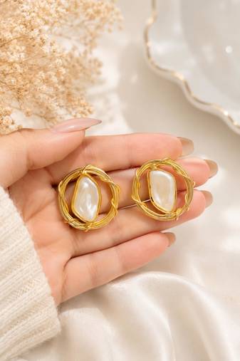 Baroque pearl stud earrings with gold wire wrap design