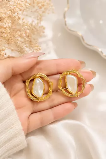 Baroque pearl stud earrings with gold wire wrap design