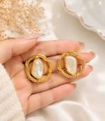Baroque pearl stud earrings with gold wire wrap design