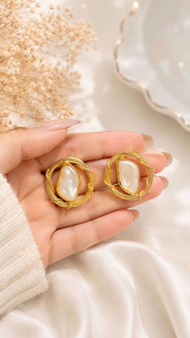 Baroque pearl stud earrings with gold wire wrap design