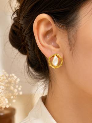 Baroque pearl stud earrings with gold wire wrap design 2