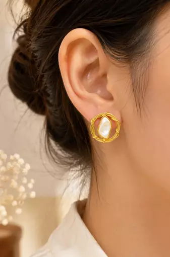 Baroque pearl stud earrings with gold wire wrap design