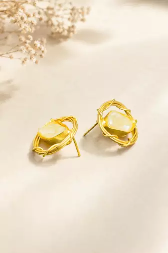 Baroque pearl stud earrings with gold wire wrap design