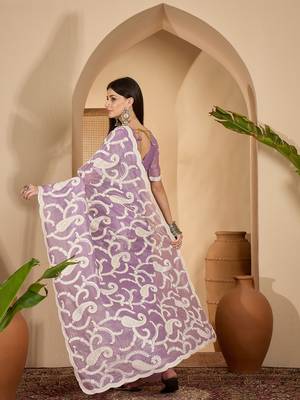 lavender gold crush silk blend embroidered saree with belt white thread work festive designer saree 4