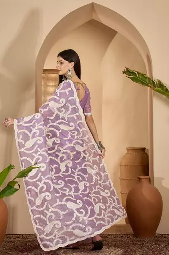 lavender gold crush silk blend embroidered saree with belt white thread work festive designer saree