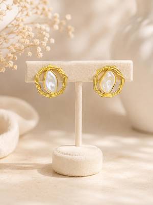 Baroque pearl stud earrings with gold wire wrap design 4