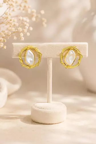Baroque pearl stud earrings with gold wire wrap design