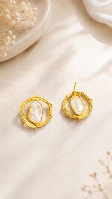 Baroque pearl stud earrings with gold wire wrap design 5