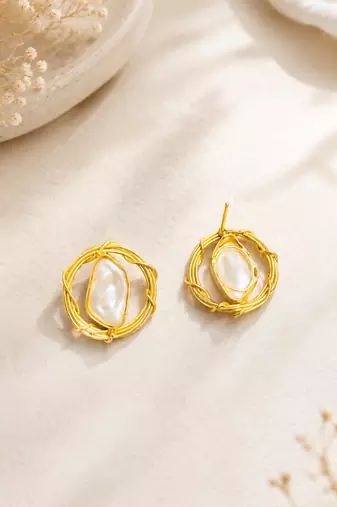 Baroque pearl stud earrings with gold wire wrap design