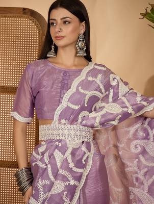 lavender gold crush silk blend embroidered saree with belt white thread work festive designer saree 5