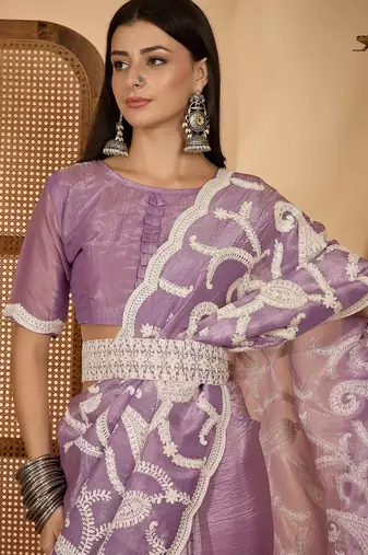lavender gold crush silk blend embroidered saree with belt white thread work festive designer saree