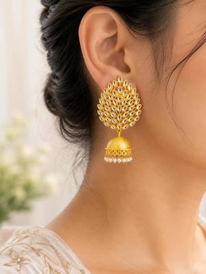 Gold-toned kundan jhumka earrings with pearl drops 2