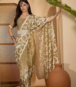 golden beige gold crush silk blend embroidered saree with belt white thread work festive designer saree