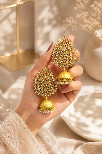 Gold-toned kundan jhumka earrings with pearl drops