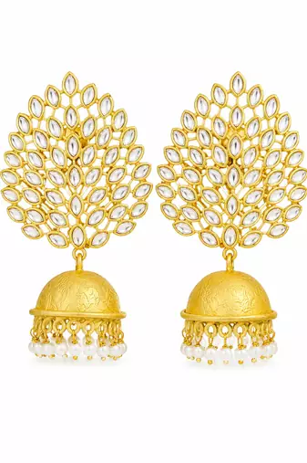 Gold-toned kundan jhumka earrings with pearl drops