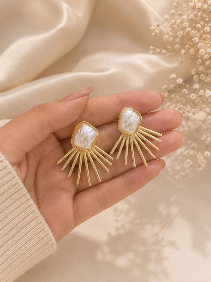 Baroque pearl sunburst stud earrings in gold-tone