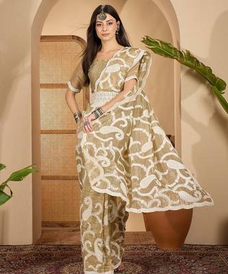 golden beige gold crush silk blend embroidered saree with belt white thread work festive designer saree 3