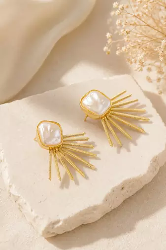 Baroque pearl sunburst stud earrings in gold-tone