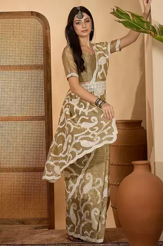 golden beige gold crush silk blend embroidered saree with belt white thread work festive designer saree